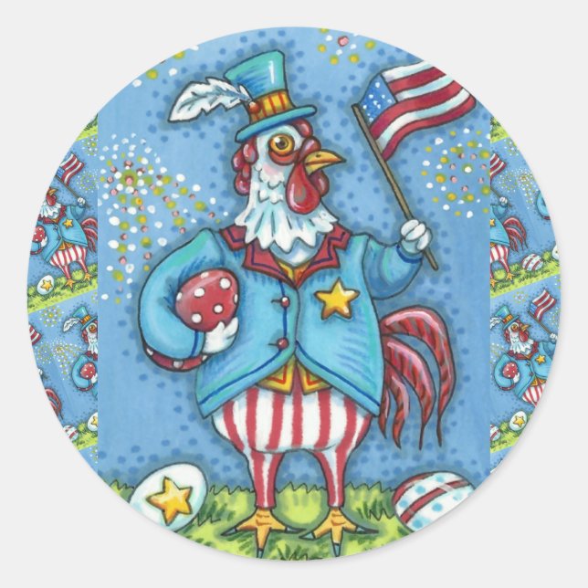 4TH OF JULY ROOSTER, FUNNY PATRIOTIC CHICKEN CLASSIC ROUND STICKER (Front)
