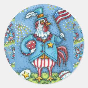 4TH OF JULY ROOSTER, FUNNY PATRIOTIC CHICKEN CLASSIC ROUND STICKER