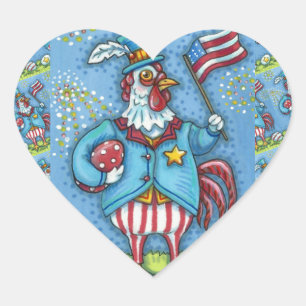 4TH OF JULY ROOSTER, FUNNY PATRIOTIC CHICKEN HEART STICKER