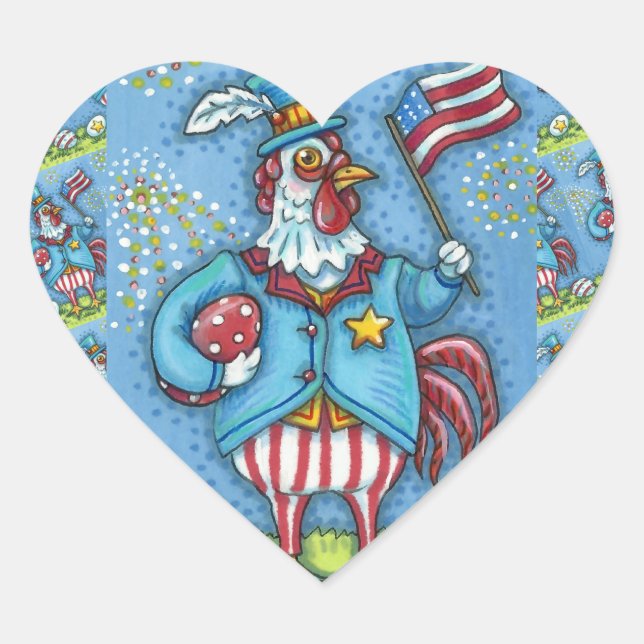 4TH OF JULY ROOSTER, FUNNY PATRIOTIC CHICKEN HEART STICKER (Front)