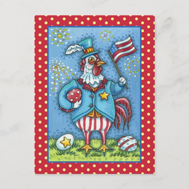 4TH OF JULY ROOSTER, FUNNY PATRIOTIC CHICKEN HOLIDAY POSTCARD (Front)