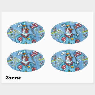 4TH OF JULY ROOSTER, FUNNY PATRIOTIC CHICKEN OVAL STICKER