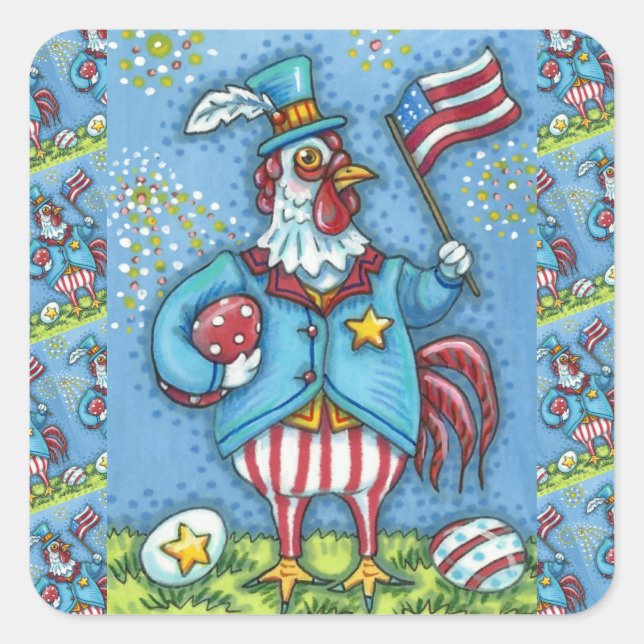 4TH OF JULY ROOSTER, FUNNY PATRIOTIC CHICKEN SQUARE STICKER (Front)