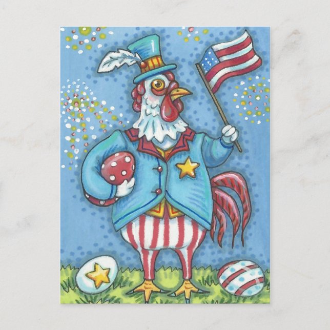 4TH OF JULY ROOSTER, HOLIDAY CHICKEN POSTCARD (Front)