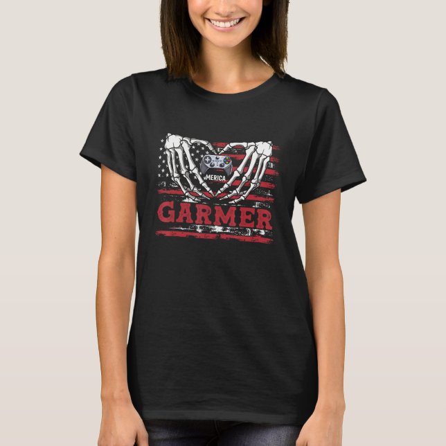 4th Of July Skeleton Video Game Gamer American Fla T-Shirt (Front)