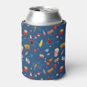 4th of July Snacks & Drinks Pattern with Fireworks Can Cooler