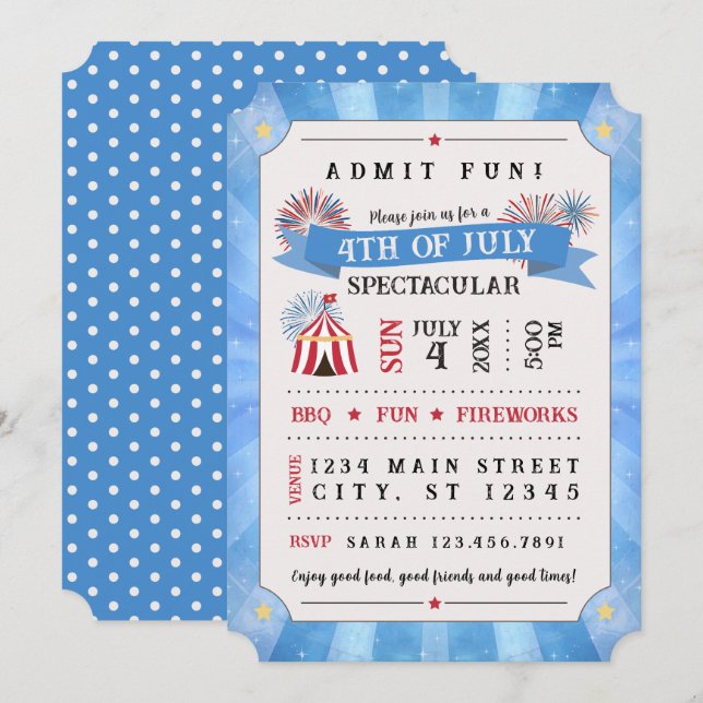 4th Of July Spectacular Ticket Invitation (Blue) (Front/Back)