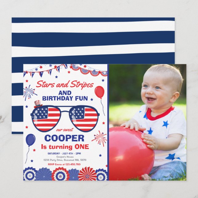 4th Of July Stars And Stripes 1st Birthday Invitation (Front/Back)
