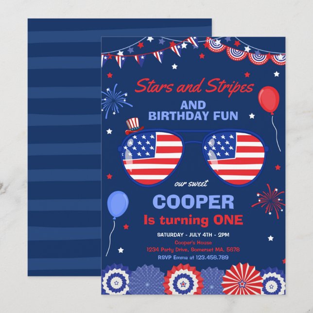 4th Of July Stars And Stripes 1st Birthday Invitation (Front/Back)