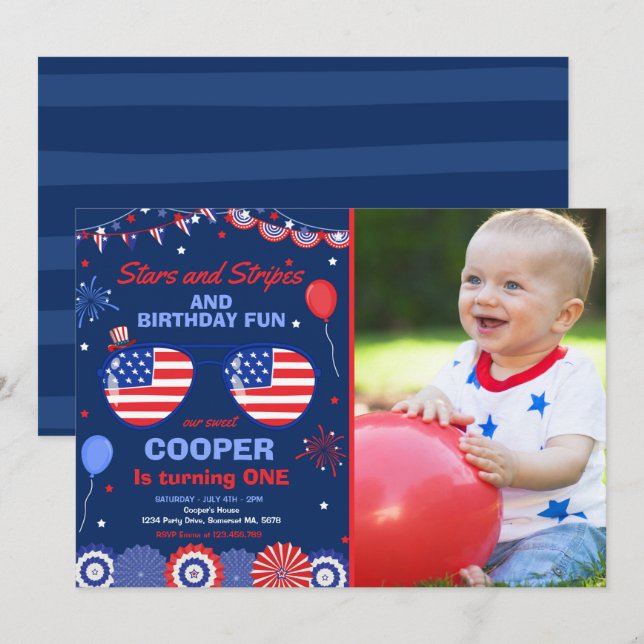 4th Of July Stars And Stripes 1st Birthday Invitation (Front/Back)