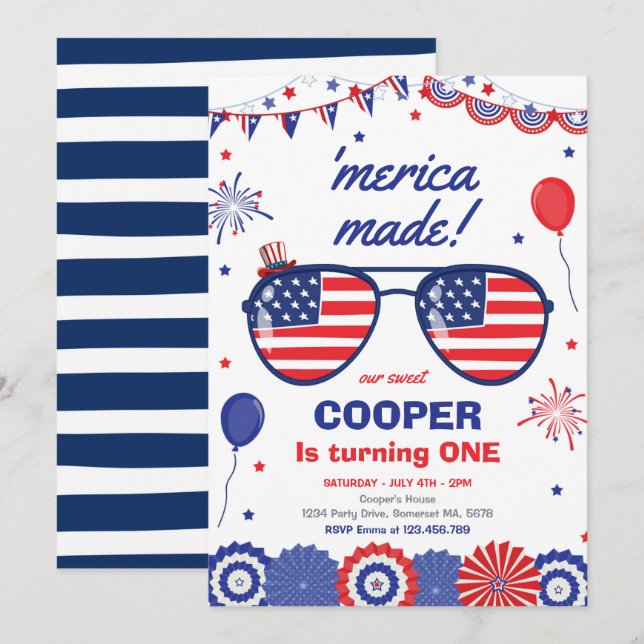 4th Of July Stars And Stripes 1st Birthday Invitation (Front/Back)