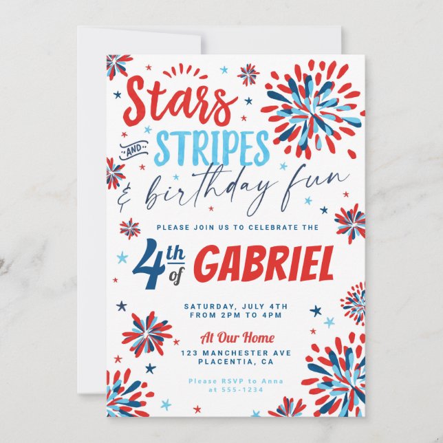 4th of July Stars and Stripes Forth birthday Invitation (Front)