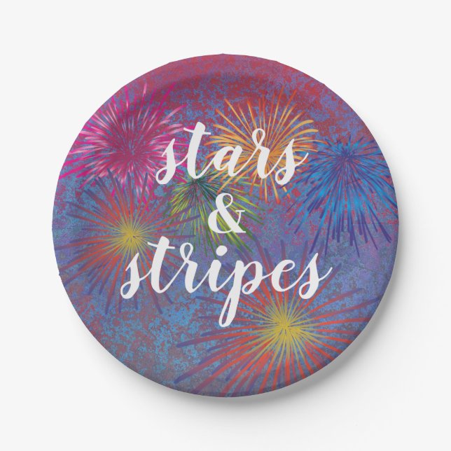 4th of July Stars and Stripes Patriotic Fireworks Paper Plate (Front)