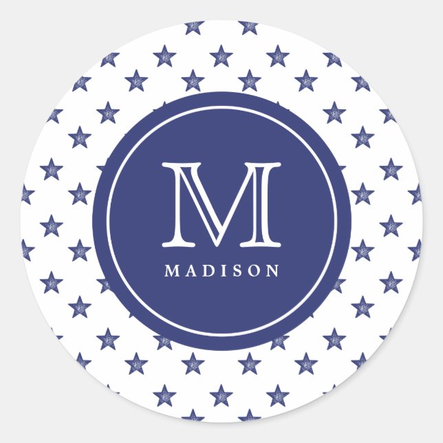 4th Of July Stars Blue Monogram Name Party Sticker (Front)