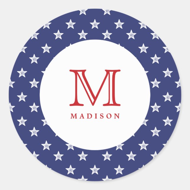 4th Of July Stars Blue Red Monogram Party Sticker (Front)