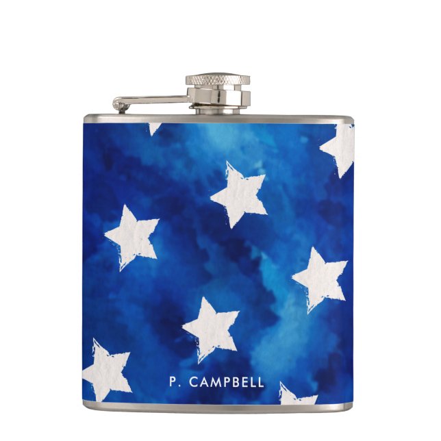 4th Of July Stars Blue Tie Dye Pattern Personalise Hip Flask (Front)