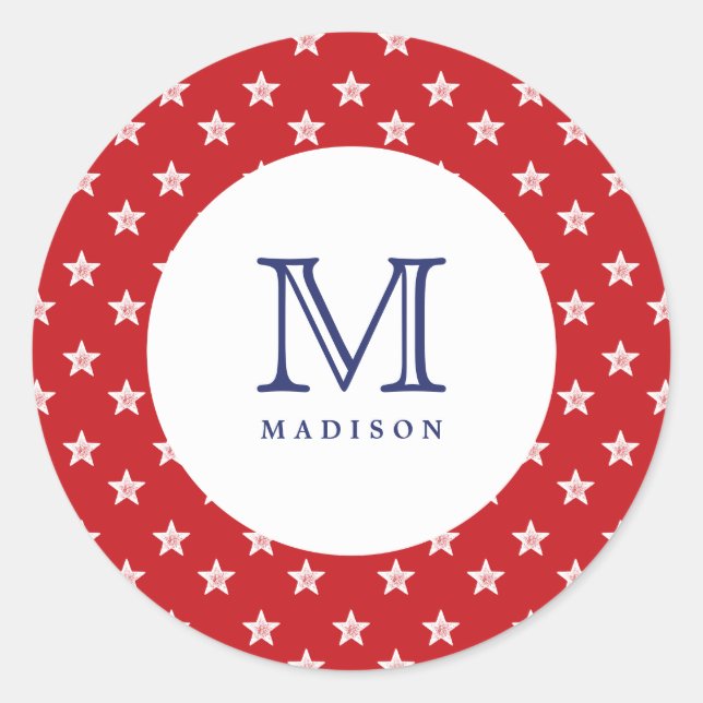 4th Of July Stars Red Blue Monogram Party Sticker (Front)