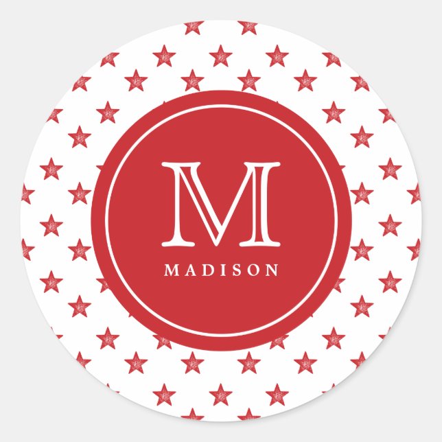 4th Of July Stars Red Monogram Name Party Sticker (Front)