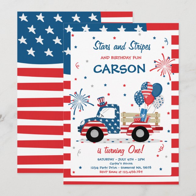 4th Of July Stars Stripes And Birthday Fun Invitation (Front/Back)