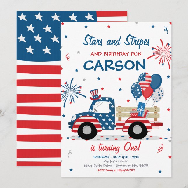 4th Of July Stars Stripes And Birthday Fun Invitation (Front/Back)