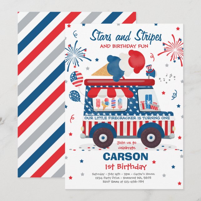 4th Of July Stars Stripes Ice Cream Truck Birthday Invitation (Front/Back)