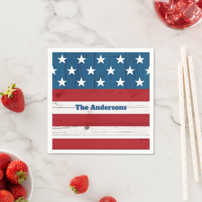 4th of July Stars Stripes Rustic Wood Flag Bold Napkin (Insitu)