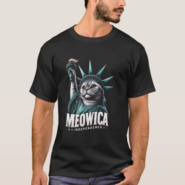 4th of July Statue of Liberty Cat Meowica Independ T-Shirt (Front)