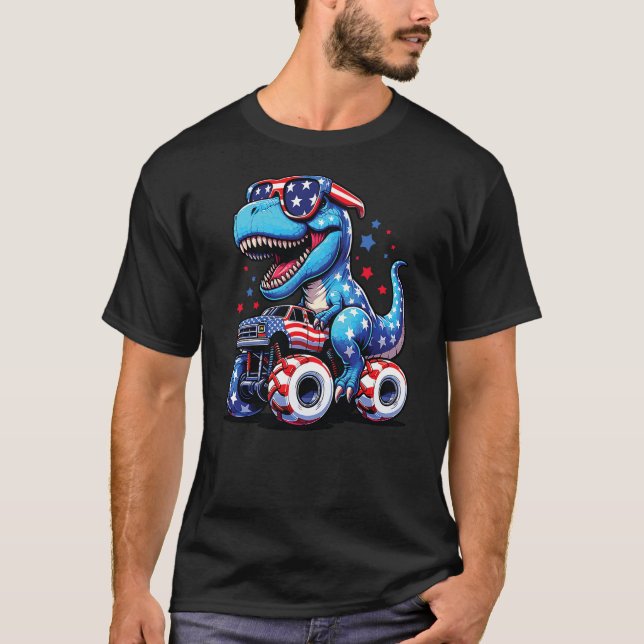4th Of July T Rex Dino Trex Dinosaur Monster Truck T-Shirt (Front)