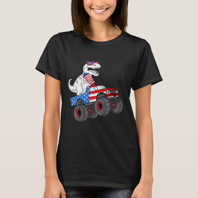 4th Of July T Rex Dino Trex Dinosaur Monster Truck T-Shirt (Front)