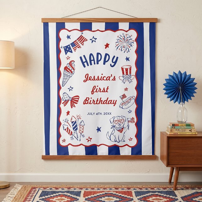 4th Of July Theme Hand Drawn Birthday Tapestry (Creator Uploaded)