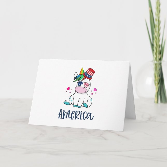 4th of July Unicorn with USA Flag Sun Glasses Card (Front)