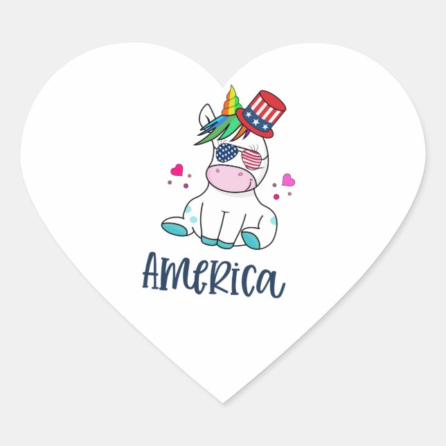 4th of July Unicorn with USA Flag Sun Glasses Heart Sticker (Front)