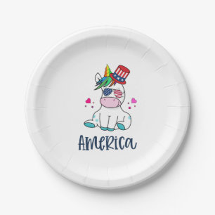 4th of July Unicorn with USA Flag Sun Glasses Paper Plate