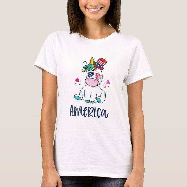 4th of July Unicorn with USA Flag Sun Glasses T-Shirt (Front)