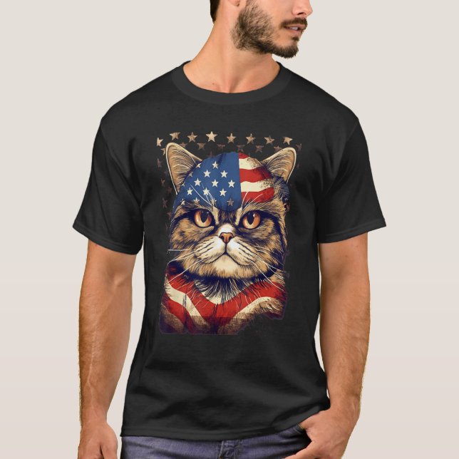 4th Of July US Flag Exotic Shorthair Cat T-Shirt (Front)