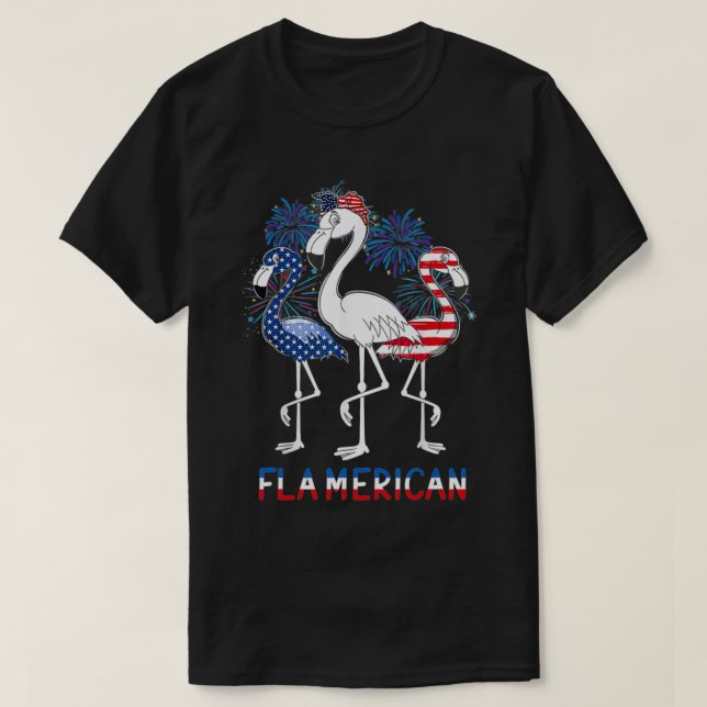 4th of July US Flag Funny Patriotic Flamingo Flame T-Shirt (Design Front)