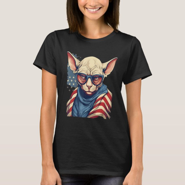 4th Of July US Flag Hairless Sphinx Cat 1 T-Shirt (Front)