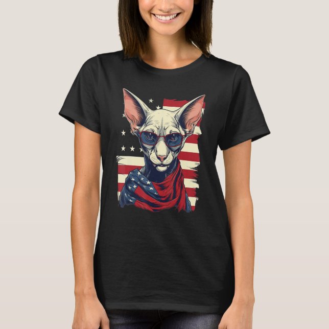 4th Of July US Flag Hairless Sphinx Cat T-Shirt (Front)