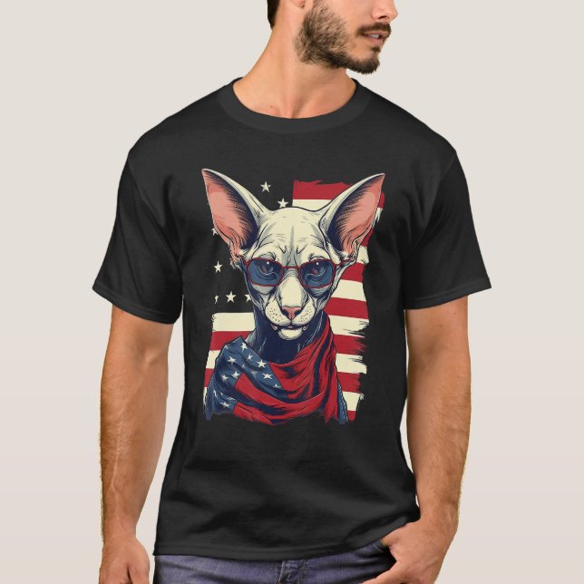 4th Of July US Flag Hairless Sphinx Cat T-Shirt (Front)