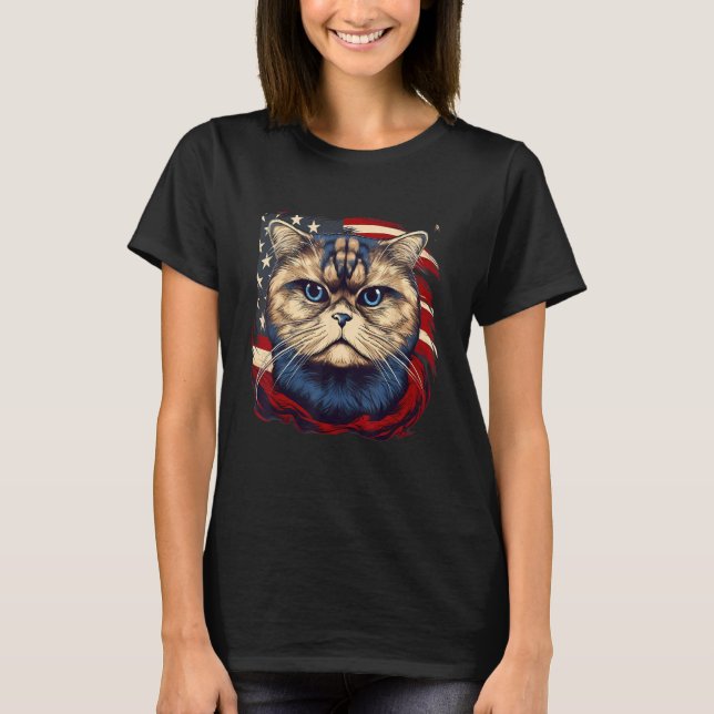 4th Of July US Flag Scottish Fold Cat T-Shirt (Front)