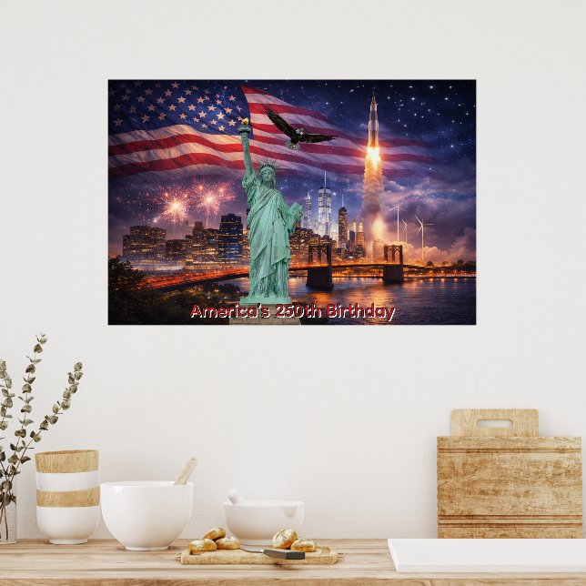 4th of July USA 250th Statue of Liberty Rocket Poster (Kitchen)