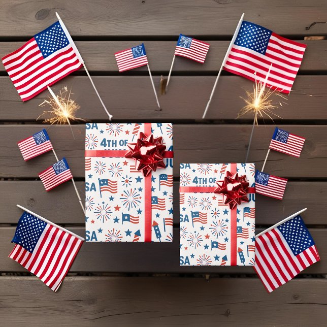 4th of July  | USA Flag, Fireworks & Stars Wrapping Paper (Creator Uploaded)