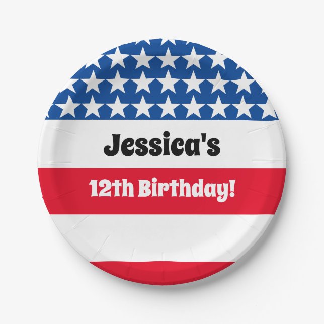 4th of July USA flag Red white and blue Birthday Paper Plate (Front)
