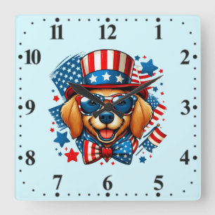 4th of July USA Patriotic Dog Independence Day Square Wall Clock