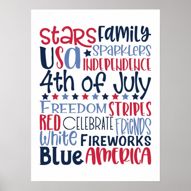 4th of July USA Red White Blue Modern Typography Poster (Front)