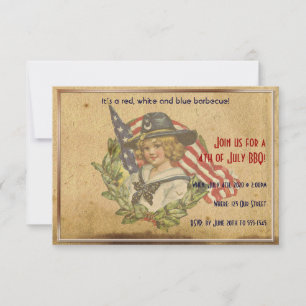 4th of July Vintage Girl with Flags Invitation