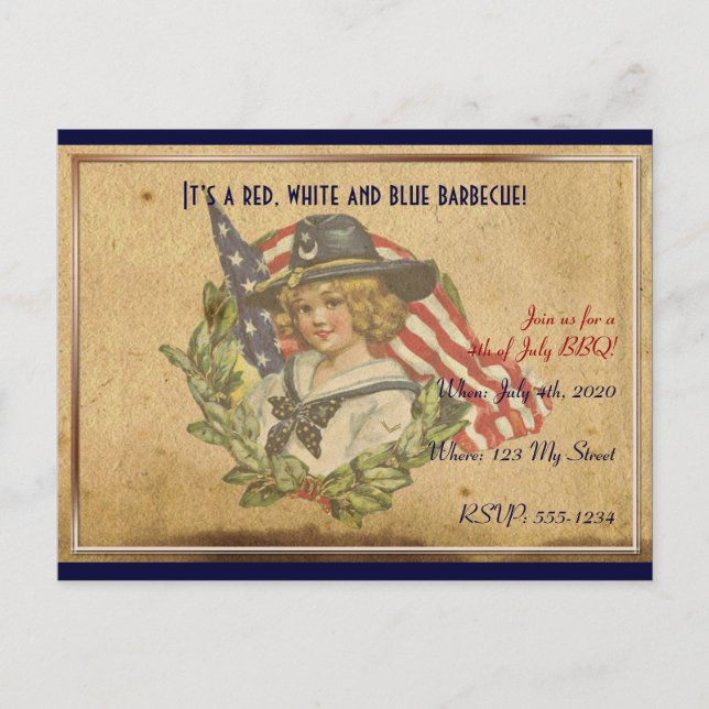 4th of July Vintage Girl with Flags Postcard (Front)