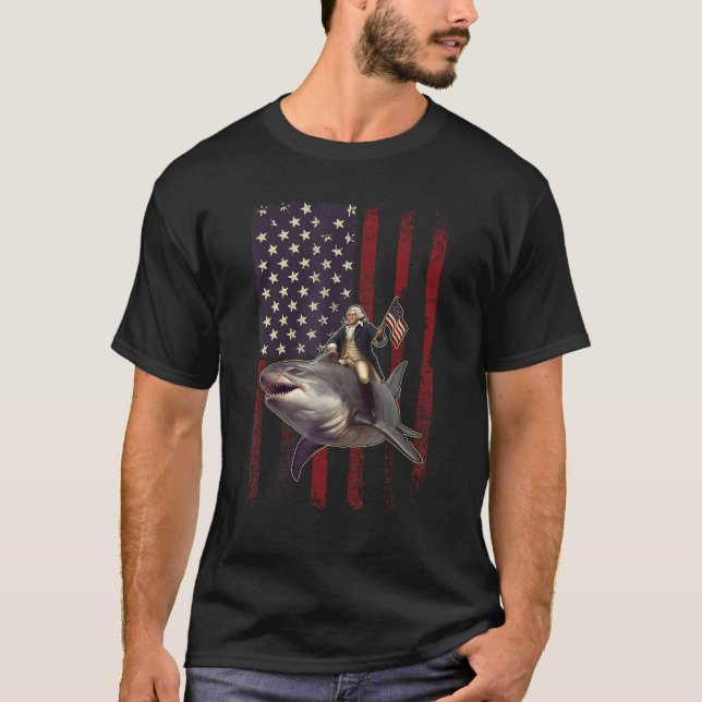 4th of July Washington Riding Shark USA American F T-Shirt (Front)