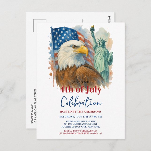 4th Of July watercolor Eagle Patriotic Party Postcard (Front/Back)