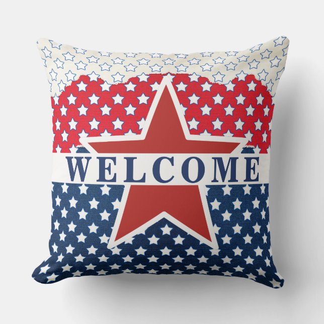 4th of July,  WELCOME Red, White & Blue Cushion (Front)